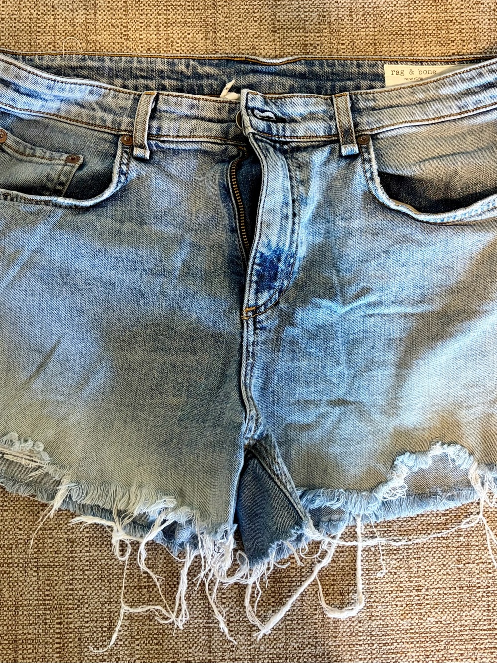 rag & bone Faded Light Blue Distressed Denim Cutoff Shorts